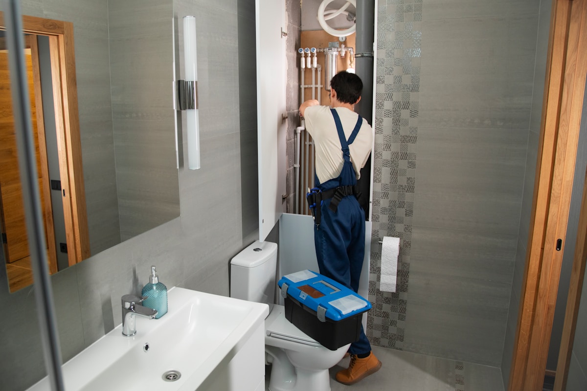 Майстер підключає водонагрівач та перевіряє з'єднання у ванній кімнаті